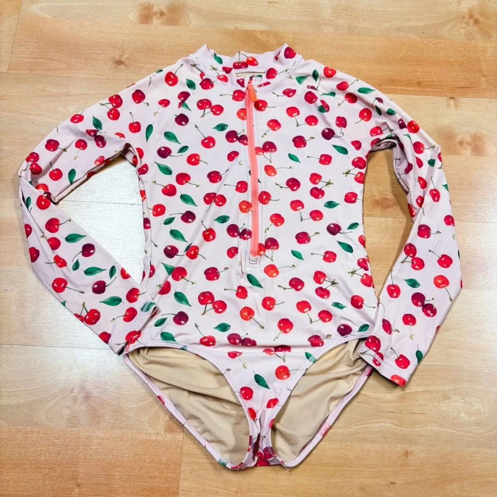 Crewcuts by J. Crew Pink & Red Long Sleeve Cherry Print Rashguard Swimsuit 12
